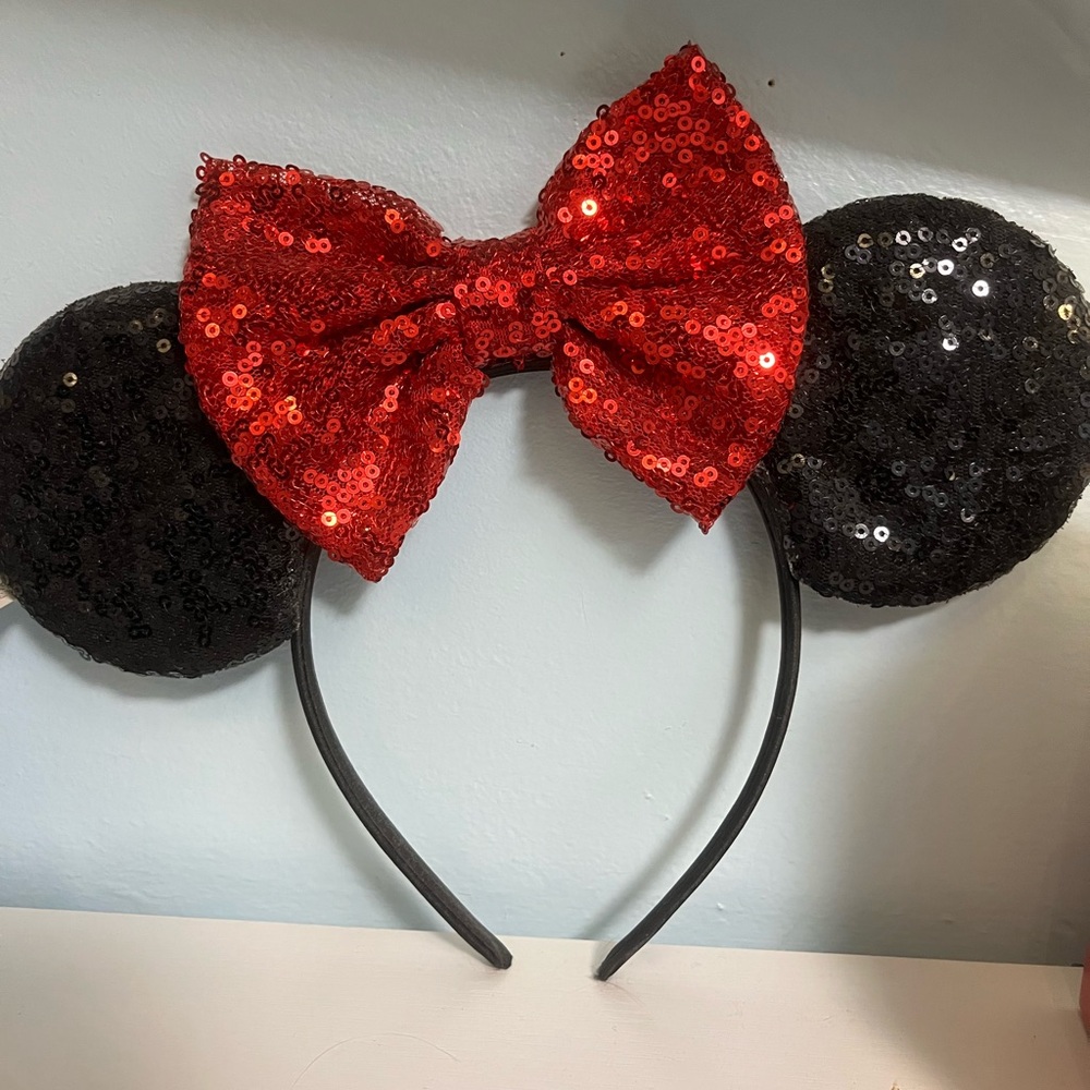 Sequin Mouse Ears Headband with Red Bow